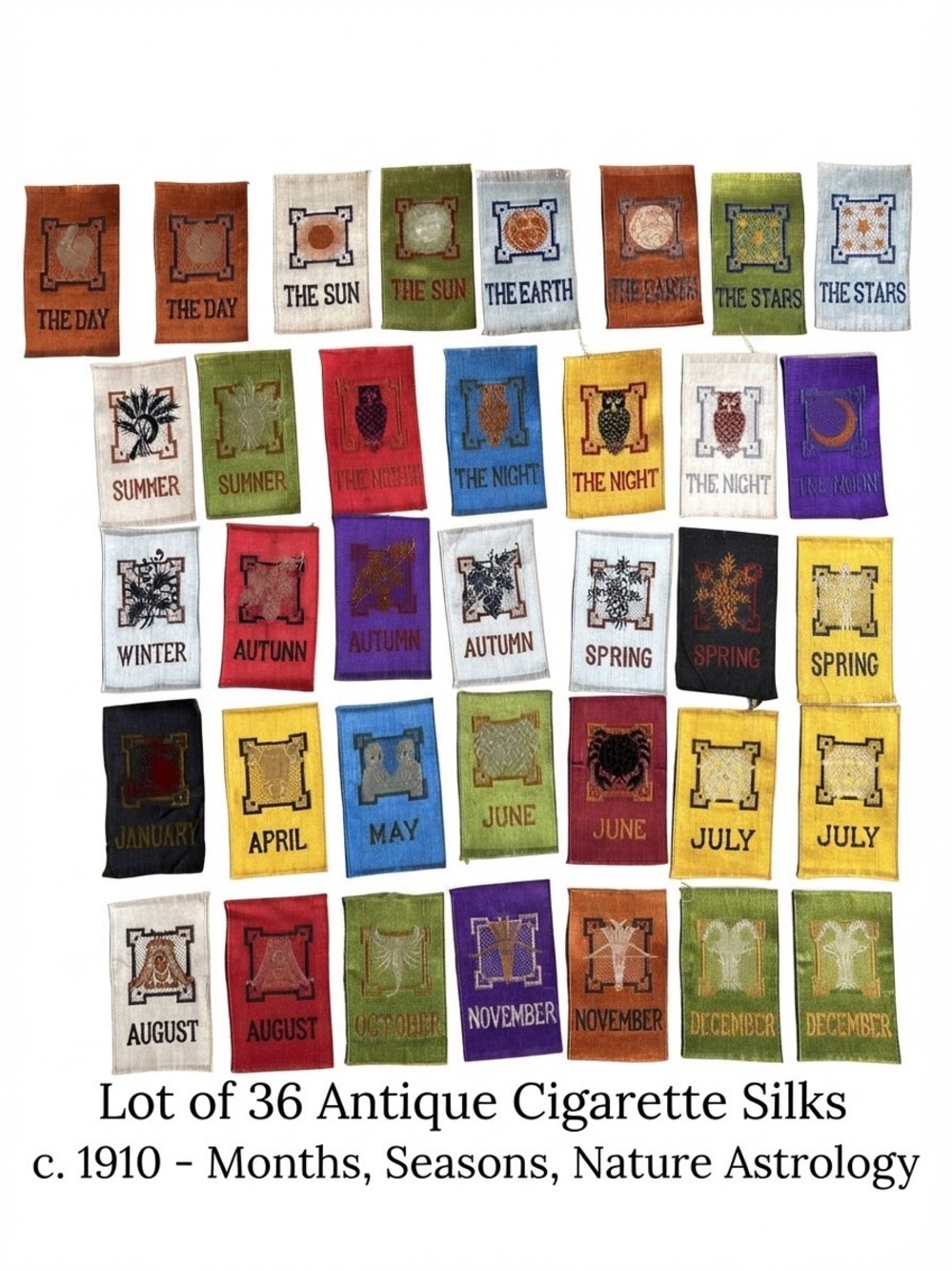 Lot of 36 Antique Cigarette Silks c. 1910 - Months, Seasons, Nature Astrology